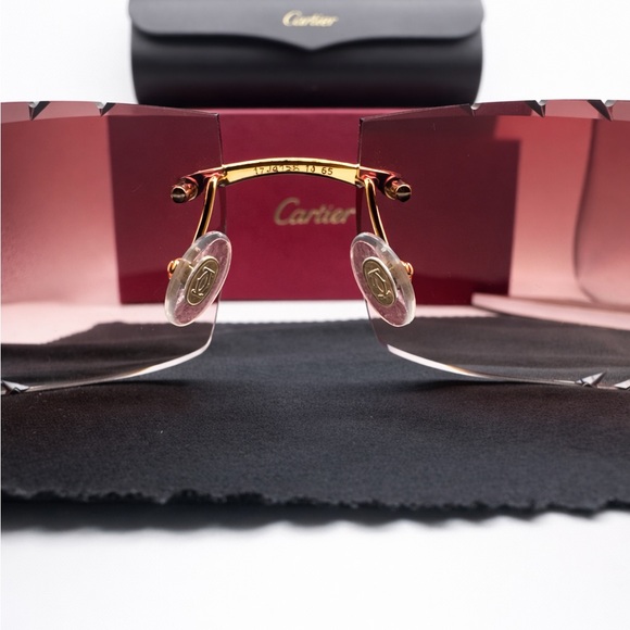 Cartier Rimless Rectangle Sunglasses Red Gradient Lenses Gold Frame - Picture 4 of 5